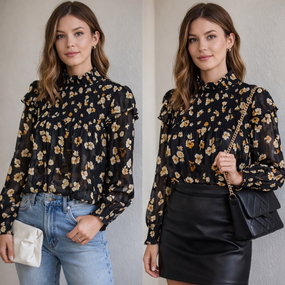 o.p.t Black Floral Blouse with Ruffles